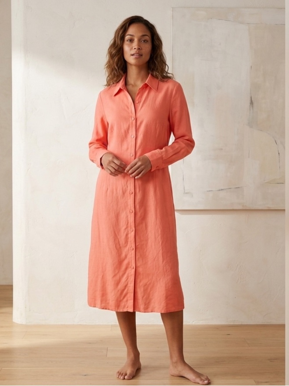 Bloomingdale’s 100% Silk Button Front Shirt Dress Coral Pink Petite 12P